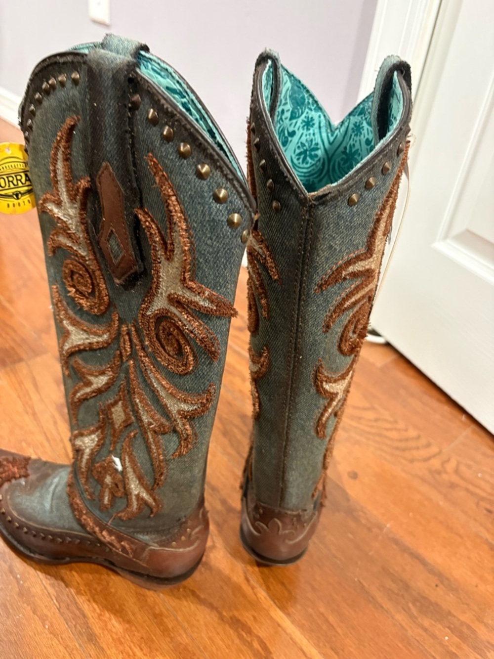 Corral Teal and Brown Embroidered Western Boots - Picture 3 of 4